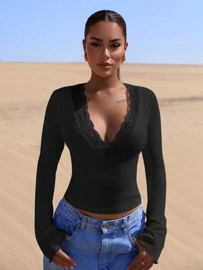 SHEIN BAE Maglietta casual a maniche lunghe da donna con scollo a V, vita aderente e pizzo a contrasto