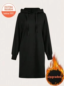 SHEIN LUNE Women's Casual Solid Color Drawstring Hooded Sweatshirt Dress