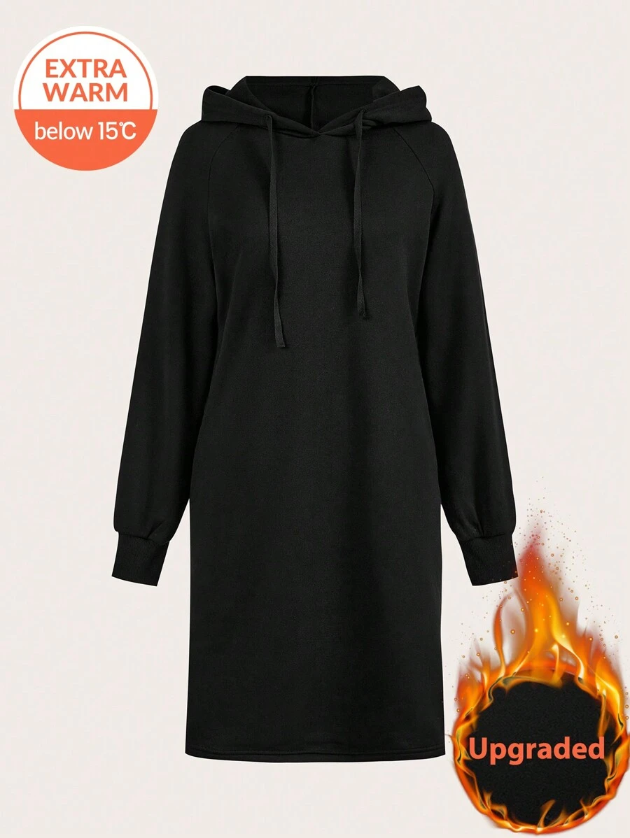 SHEIN LUNE Women's Casual Solid Color Drawstring Hooded Sweatshirt Dress