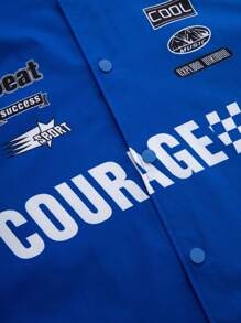 SHEIN 青少年男孩以赛车摩托车为主题的徽章采用鲜艳的蓝色夹克，适合秋季和冬季。它专为保暖而设计，非常适合休闲、居家和运动穿着。这款多功能简约的保暖内衬夹克具有防风功能，非常适合生日派对和郊游。 - 藍色 - 查看 4