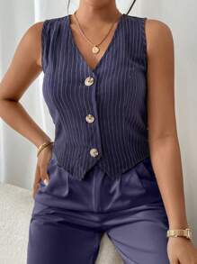 SHEIN Frenchy 夏季休闲亚麻条纹衬衫背心 - 藍色 - 查看 3