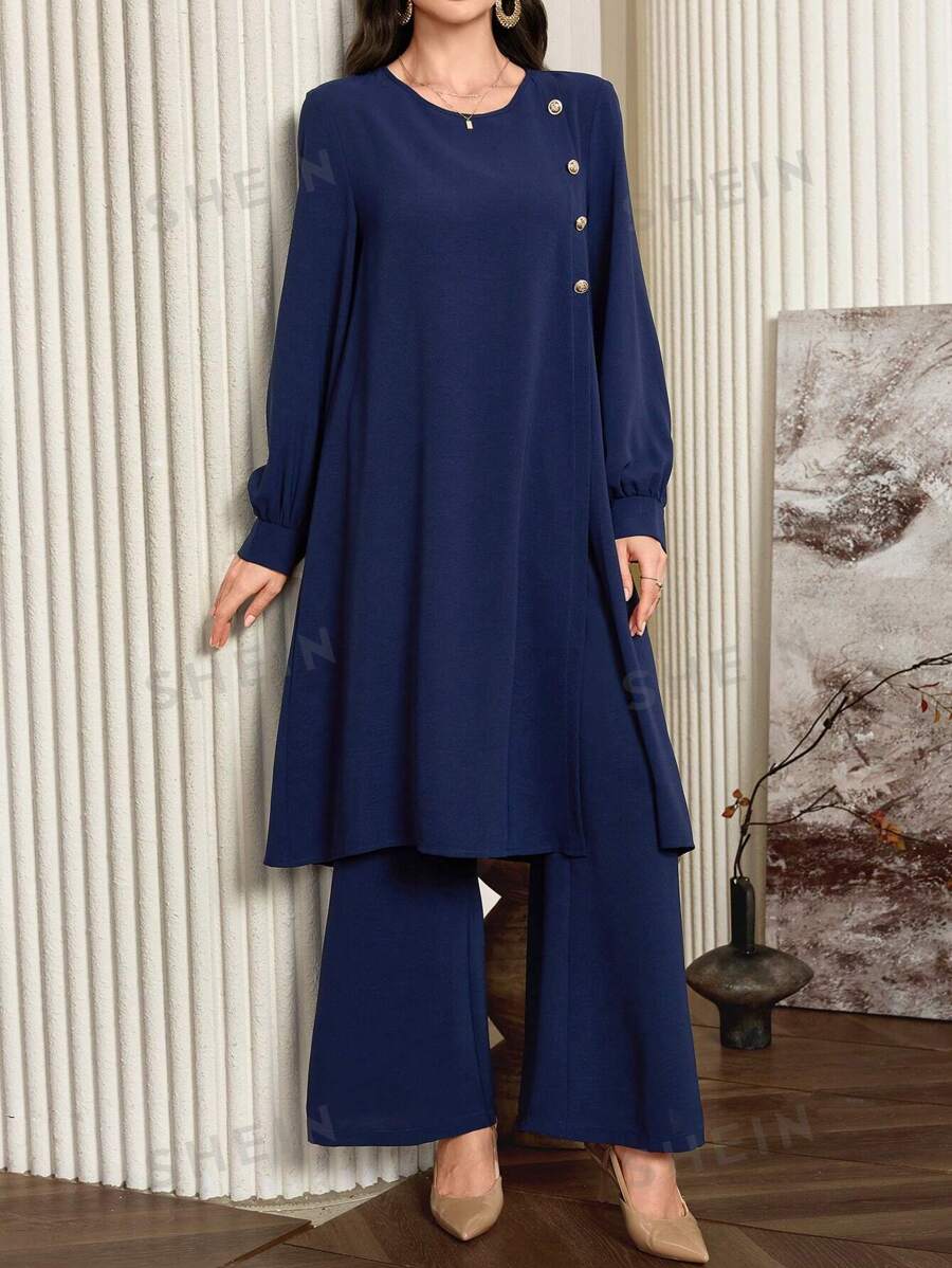 Al Najma Set de 2 piezas de top extra largo con botones y borde dividido en unicolor y pantalones de pierna ancha para mujer - azul real - Ver 1