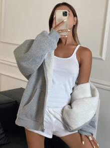 DAZY Women's Loose Fit Thermal Lined Hoodie Sweatshirt Jacket Zip Up - Light Grey - View 6