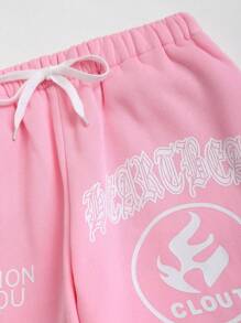 Flirla 2pcs Plus Size Printed Hooded Sweatshirt And Pants Casual Set - Pink - View 4