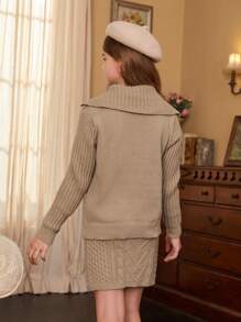 SHEIN 2pcs/Set Teenage Girls Fashion Simple Solid Color Lapel Sweater Cardigan And Mini Skirt Suit, Autumn - Khaki - View 4