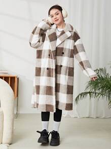 SHEIN Leap Crew 少女双面格子翻领超大蓬松外套 - 棕色 - 查看 6