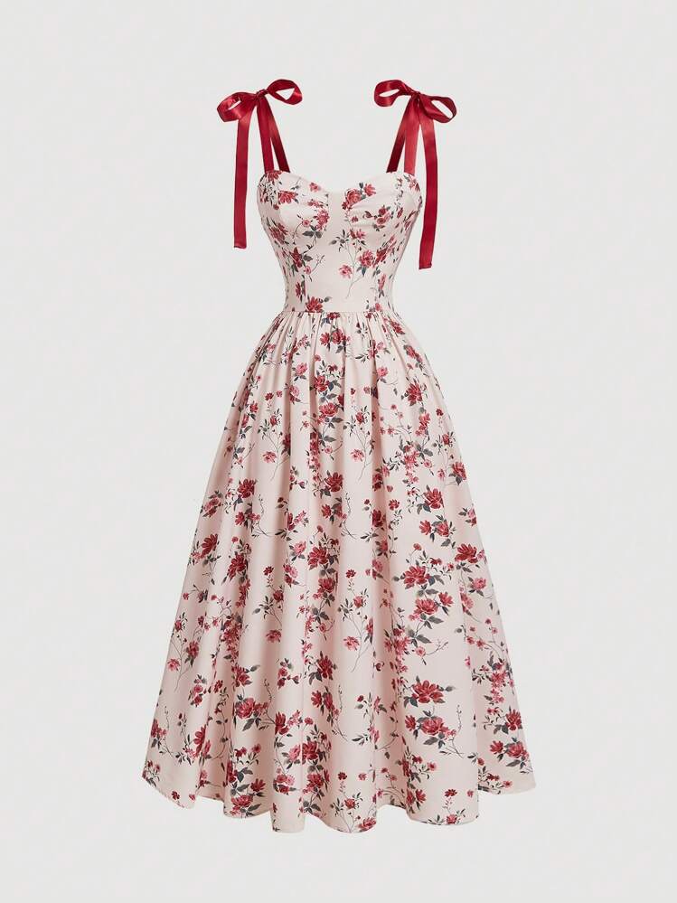 SHEIN MOD Romantic Floral Printed Shoulder Strap Tie Waist
