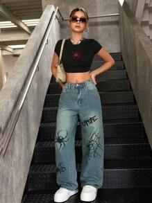 SHEIN Teen Girls Y2k Blue Denim Vintage Wash Retro Spider Web Print Relaxed Fit Wide Leg Blue Jeans, Halloween Denim Pants , Girl Fall And Winter Clothes - Medium Wash - View 7