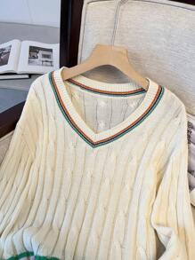 بلوفر كاجوال طويل الأكمام بياقة على شكل v ملون للفتيات المراهقات ، خريف/شتاء ، متألق ، العودة للمدرسة ، أبيض - أبيض - مشاهدة 3