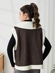 SHEIN 青少年女孩黑咖啡色天鹅绒立领口袋休闲无袖夹克 - 深灰色 - 查看 2