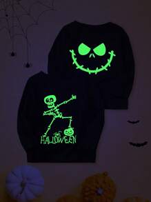 Set de 2 camisetas casuales con estampado de esqueleto, cara sonriente y letras en inglés que brillan en la oscuridad para niño pequeño en Halloween - Negro - Ver 1