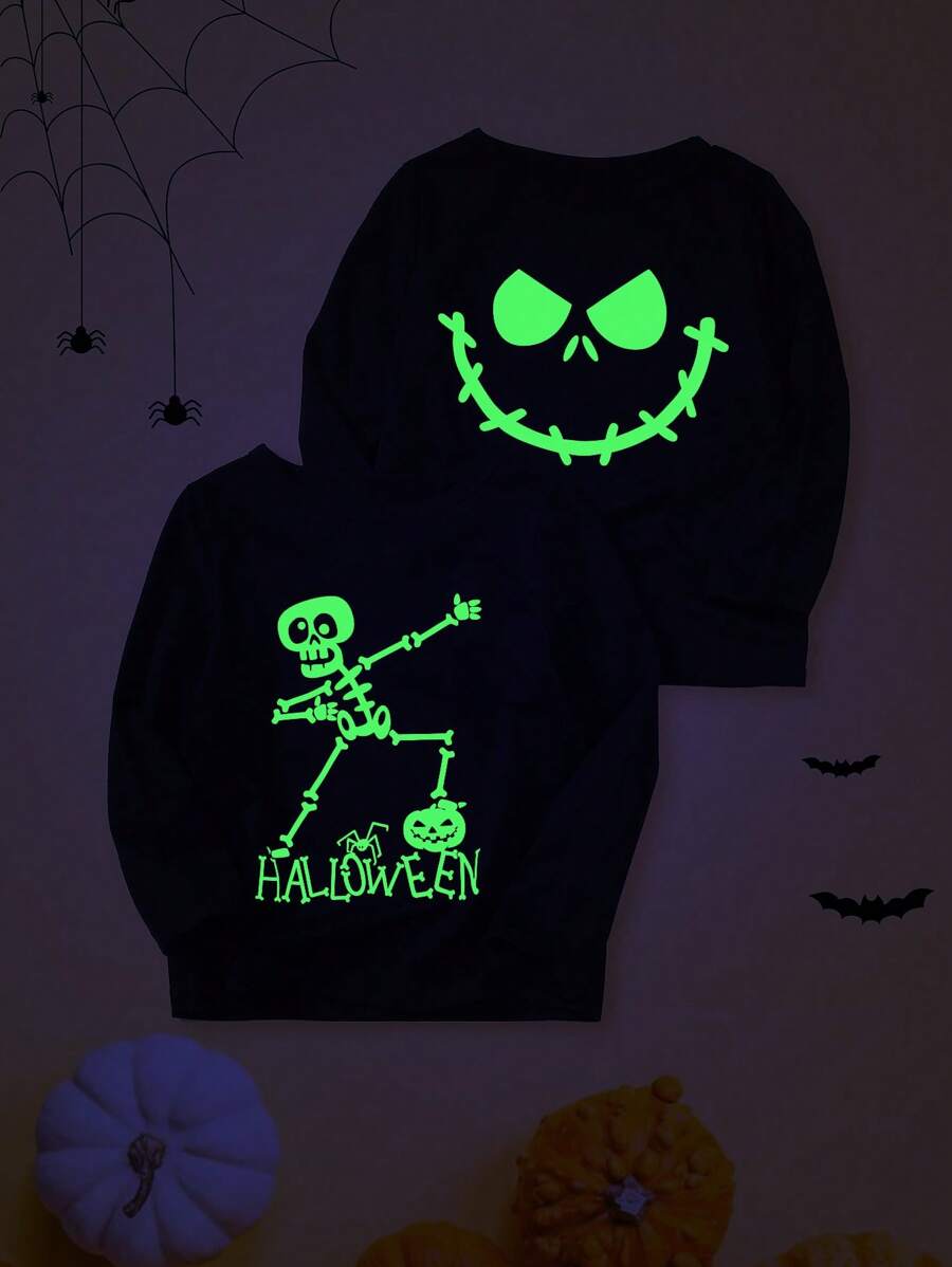 Set de 2 camisetas casuales con estampado de esqueleto, cara sonriente y letras en inglés que brillan en la oscuridad para niño pequeño en Halloween - Negro - Ver 1