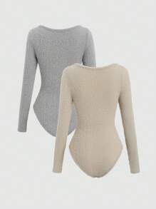 SHEIN Unity Women's Solid Color Square Collar Long Sleeve Casual Bodysuit, Spring Autumn Fall Cloth For Women - Grey - View 2