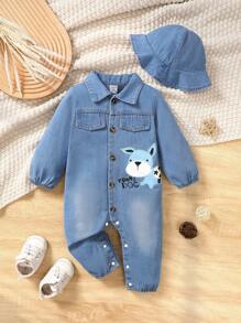 Baby Boys Casual Blue Denim Woven With Cartoon Animal Print Long Sleeve Jumpsuit, Comfortable All-In-One Piece Outfit For Fall/Winter