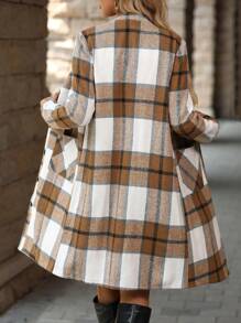 SHEIN Clasi 女式格纹印花单排扣休闲长款夹克秋季 - 卡其色 - 查看 2