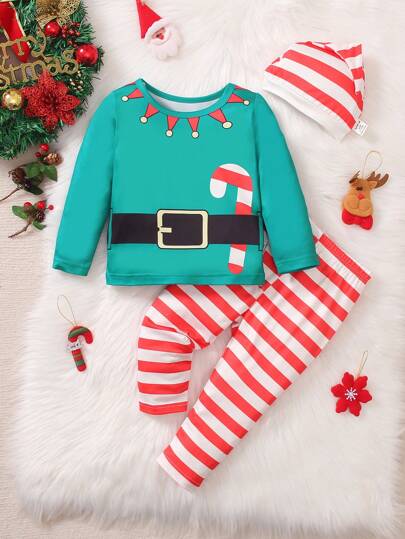 Dziewczęcy zestaw świątecznych pasiastych topów z nadrukiem i prostych nogawek z elastyczną talią i spodniami z nadrukiem i czapeczką
