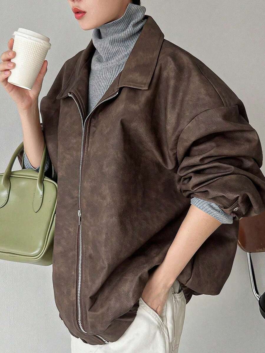FRIFUL Women's Loose Dropped Shoulder Zip Up Casual Jacket For Spring/Autumn Women Coats - Brown - View 1