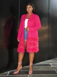 Slaydiva Elegant & Party & Gathering & Date Plain Burgundy Lapel Flounce Layered Fringe Embellished Plus Size Women Jacket Spring Autumn