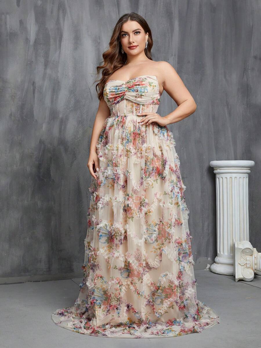 Faeriesty Floral Applique Ruffle Trim Bustier Mesh Overlay Dress - Apricot - View 1