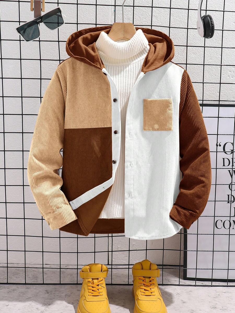 SHEIN 青少年男孩休闲学院风撞色拼布连帽套头灯芯绒衬衫 - 杏色 - 查看 1