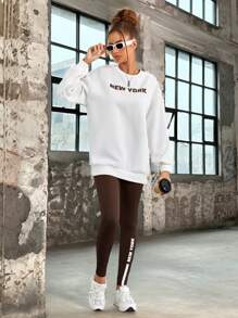 SHEIN Leap Crew 少女 2 件套少女针织字母印花运动衫和紧身裤休闲套装 - 棕色 - 查看 3