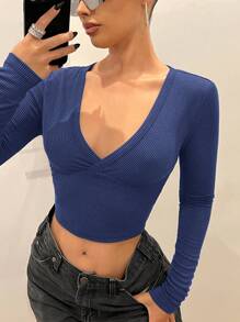 SHEIN ICON Camiseta de manga larga casual de corte slim con cuello en V de dos tonos y costillas - Neblina azul - Ver 6