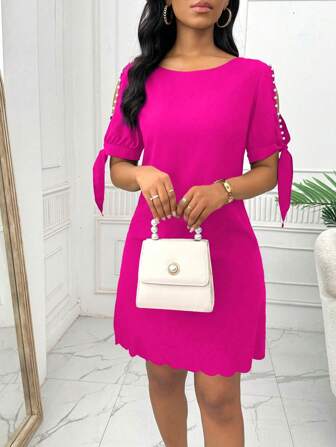 Lyxana 女式纯色圆领短袖简约短款串珠迷你连衣裙