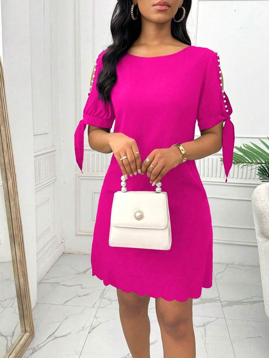 Lunelith SHEIN Lunessa Đầm mini đính hạt đơn giản cổ tròn tay ngắn màu trơn cho nữ - Màu Hồng Tươi - Xem 1