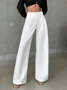 SHEIN Tall 女士纯色高腰阔腿裤 - 奶油色 - 查看 1