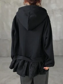 FRIFUL 女款荷葉邊拼接字母印花連帽寬鬆加厚保暖內裡運動衫，秋季女裝連帽衫 - 黑色 - 查看 7