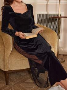 Velvet Patchwork Jacquard Elastic Mesh French Collar Long Sleeve Nightgown - Black - View 6