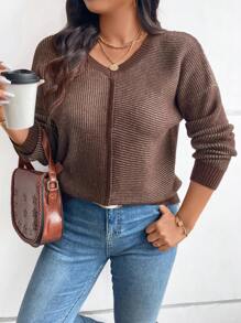 SHEIN LUNE Plus Size V-Neck Striped Pullover Sweaterbusiness Casual Woman,Holiday Outfits,Country Tops - Multicolor - View 4