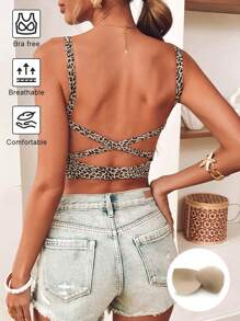 SHEIN VCAY Fall Women Clothes Fall And Winter Elegant Women Leopard Pattern Knit Sleeveless Bra Free Shapewear Backless Tight-Fitting Round Neck Padded Breathable Basic Camisole Top