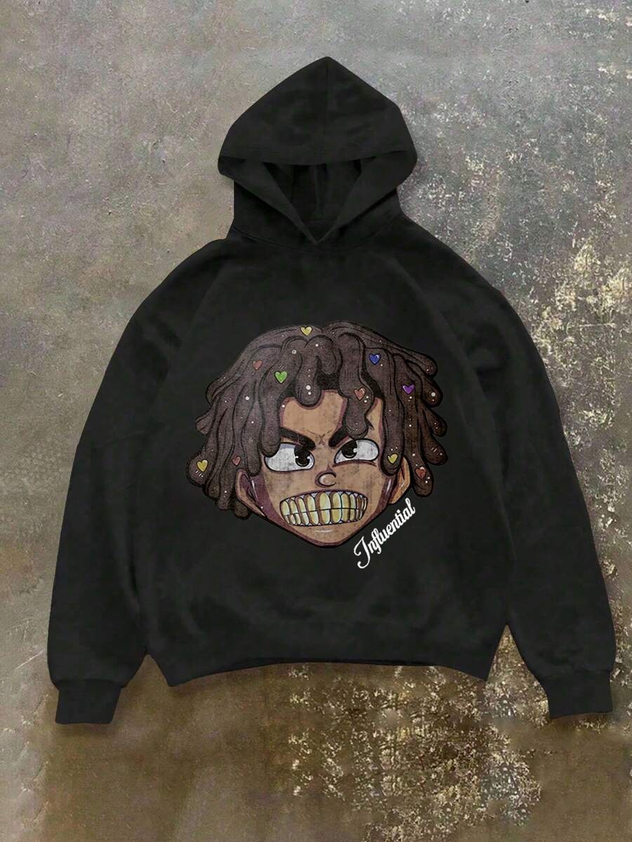 Tween Boy Cartoon Character Printed Long Sleeve Sweatshirt, Fall/Winter - Black - View 1