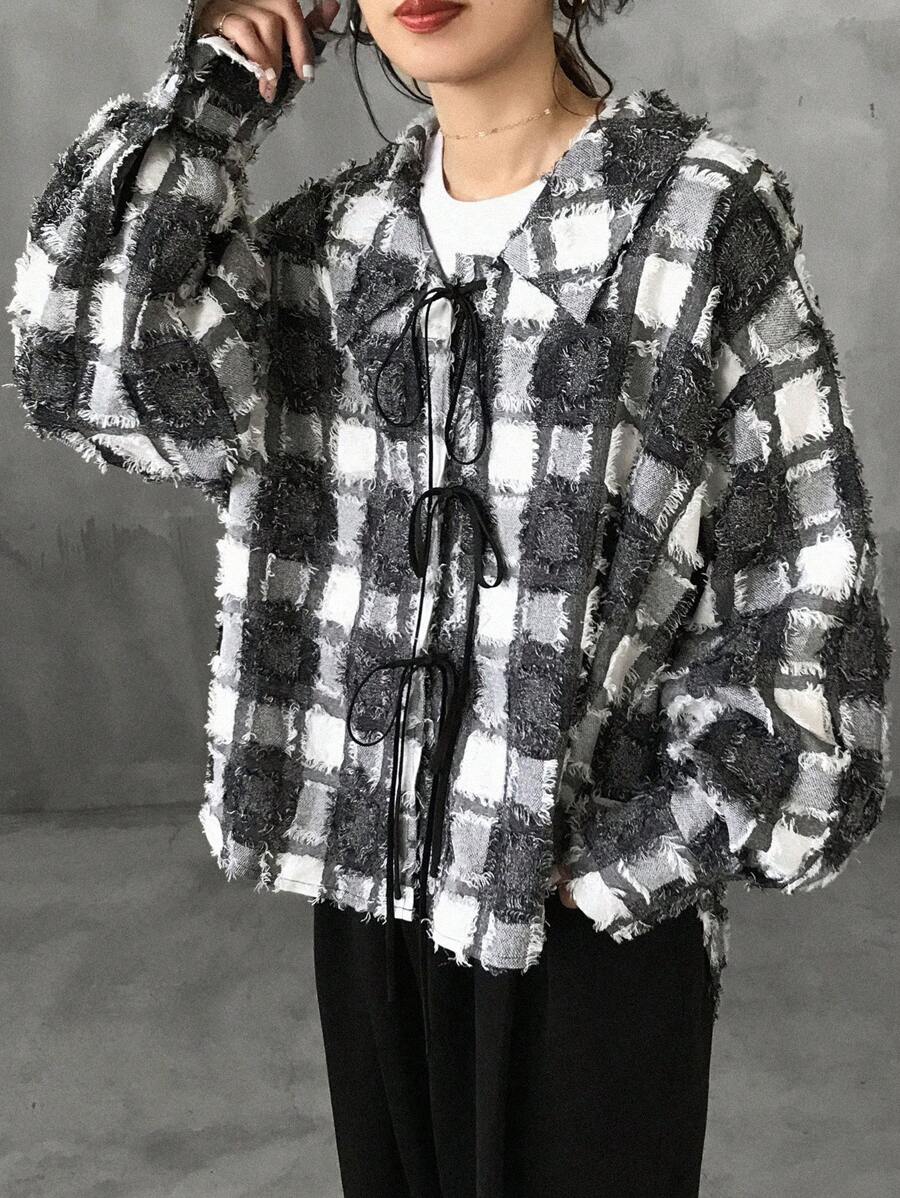 FRIFUL 女士春秋格子系带超大长袖休闲衬衫、法兰绒女装、秋季女装 - 黑色 - 查看 1