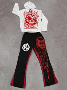 Manfinity EMRG Conjunto de Moletom e Calça de Moletom Casual Masculino com Estampa de Slogan e Caveira em Estilo Esportivo