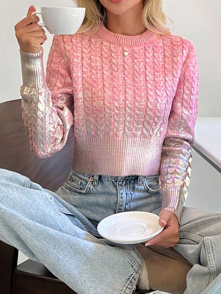 EURMUSE 女士箔印花圆领针织长袖粉色和银色图案毛衣套头衫 - 粉色 - 查看 1