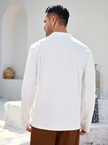 Manfinity Homme Herren Langarm Poloshirt in Einfarbig mit Patchwork und Knopfleiste, Lässig - Weiss - Übersicht 2