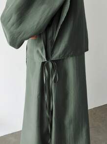 FRIFUL 女士休闲宽松纯色落肩长袖单排扣长衬衫，春秋季 - 綠色 - 查看 6