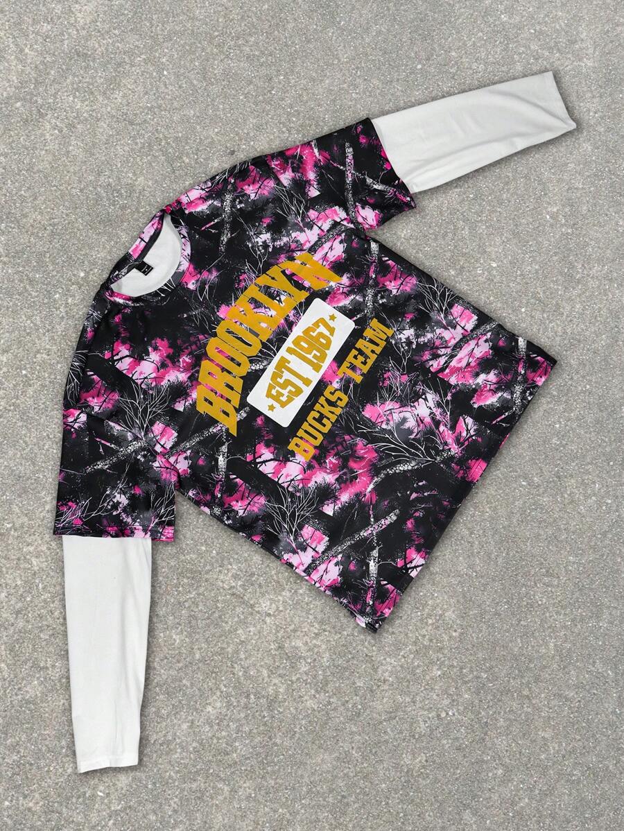 PAVTROS Áo thun nam cổ tròn dài tay họa tiết chữ bất đối xứng và nhuộm loang thời trang xuân thu - Nhiều màu - Xem 1