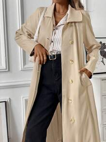 Chiquease 女式卡其色侧袋系带长袖风衣，秋冬款 - 卡其色 - 查看 6