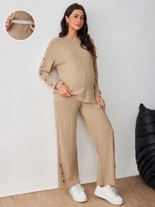 SHEIN Round Neck Button Down Drop Shoulder Top And Adjustable Waist Straight Leg Pants 2-Piece Set For Pregnant Women, For Maternity - Brown - View 1