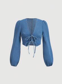 SHEIN EZwear Áo khoác denim thường ngày cho nữ có tay dài bồng bềnh và buộc dây, màu xanh - Màu xanh lam - Xem 1