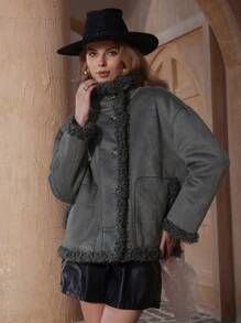 GENKIRA Women's Faux Suede & Fluffy Collar Thick Warm Jacket, Autumn Winter New - Grey - View 7