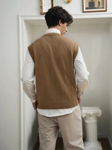 Manfinity Roghcode Men's Solid Color Crew Neck Casual Sweater Vest With Holes, Autumn & Winter - Khaki - View 2