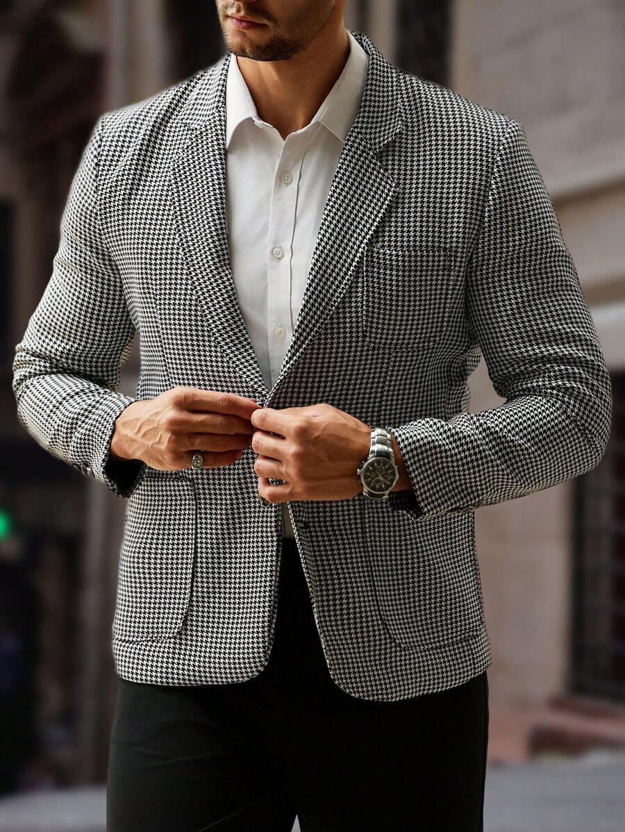 Manfinity Mode 男士时尚千鸟格翻领休闲西装外套，秋季