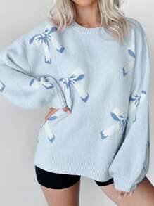 Áo len nữ dáng suông cổ tròn vai rớt họa tiết bướm, tay dài, màu xanh dương, thích hợp cho mùa thu/đông. - Màu xanh lam - Xem 5