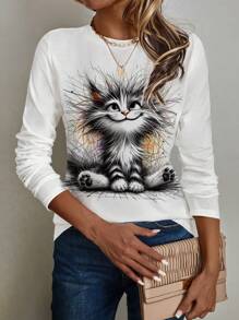 EMERY ROSE Casual Simple Cat Pattern Loose Round Neck Long Sleeve Women's T-Shirt Suitable For Autumn And Winter