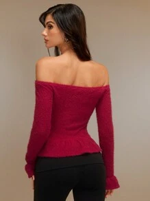 SHEIN Unity Bluză la modă pentru femei, cu mâneci lungi, cu umăr dezactivat, cu mânecă lungă, cu volană, primăvară/toamnă, ținute de Crăciun, top peplum, topuri roșii pentru femei, pulover cu umăr dezactivat