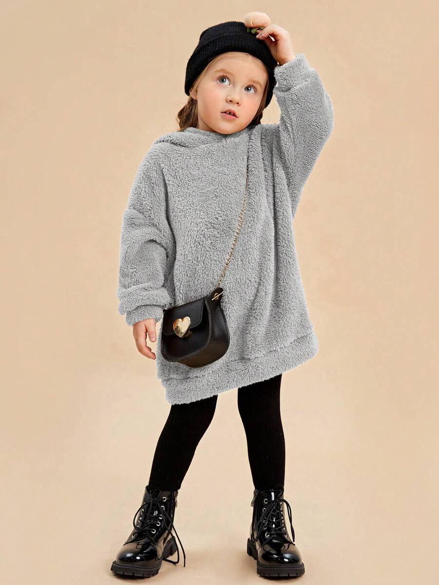 SHEIN 10 件装年轻女孩休闲舒适纯色羊毛连帽运动衫，秋冬款，灰色 - 灰色 - 查看 1